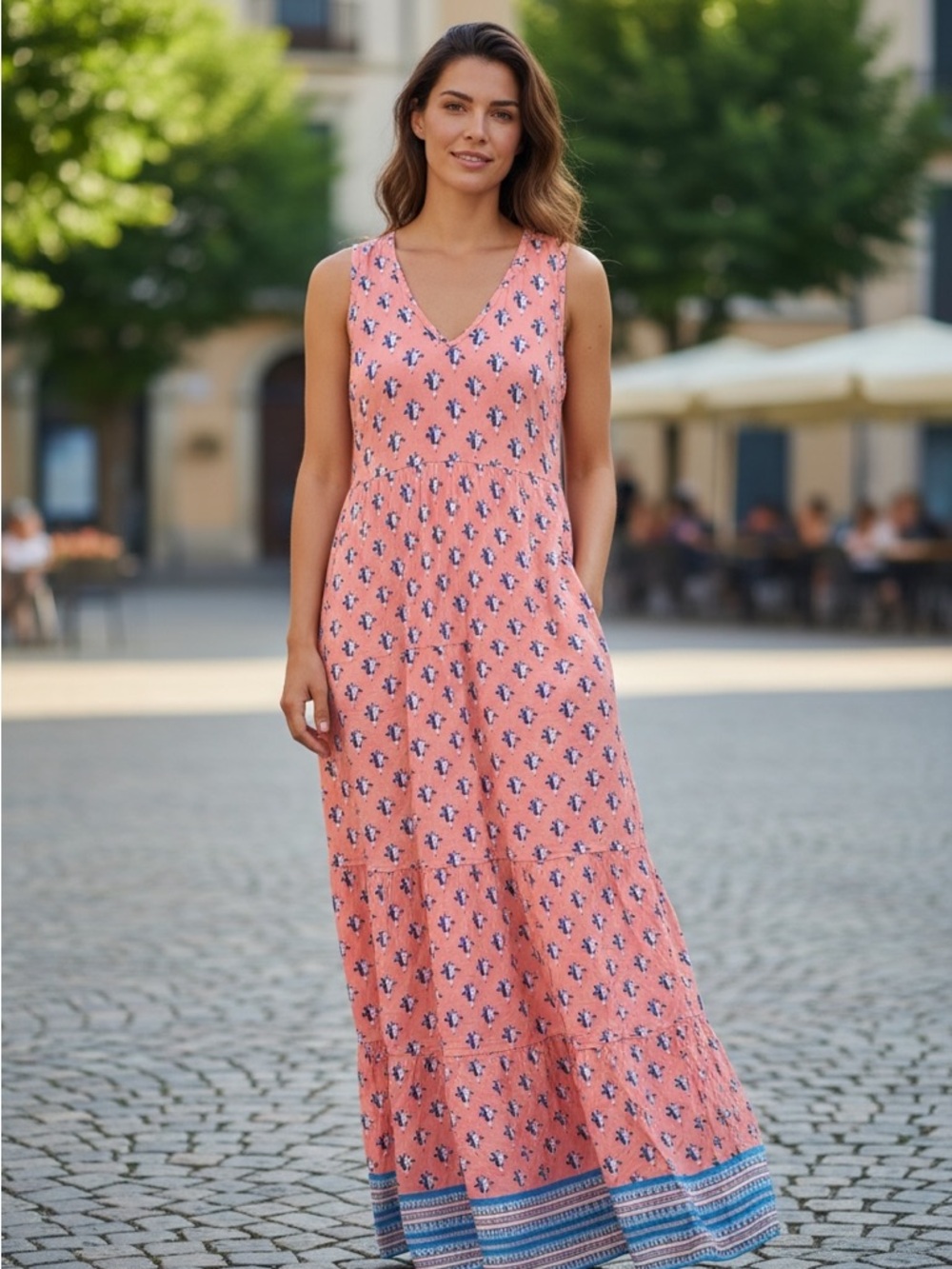 Sleeveless V-Neck Coral Floral Maxi Dress, Size L Summer Beach Dress